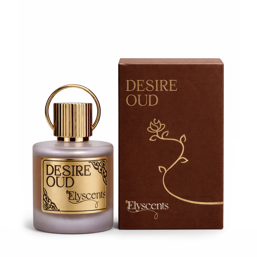 Desire Oud warm oud and woody perfume bottle by Elyscents UAE