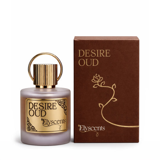 Desire Oud warm oud and woody perfume bottle by Elyscents UAE