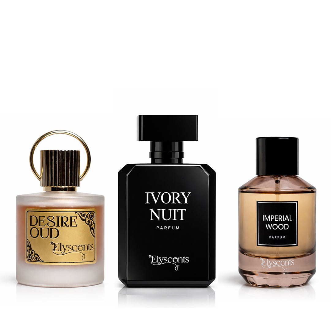 Luxury Perfumes Bundle trio with Desire Oud, Imperial Wood and Ivory Nuit by Elyscents UAE