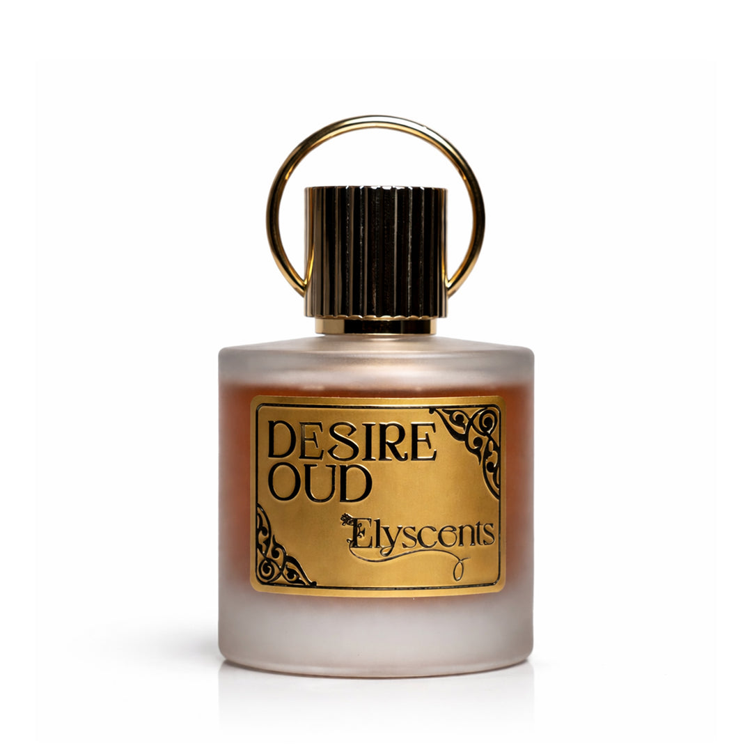 Desire Oud warm oud and woody perfume bottle by Elyscents UAE