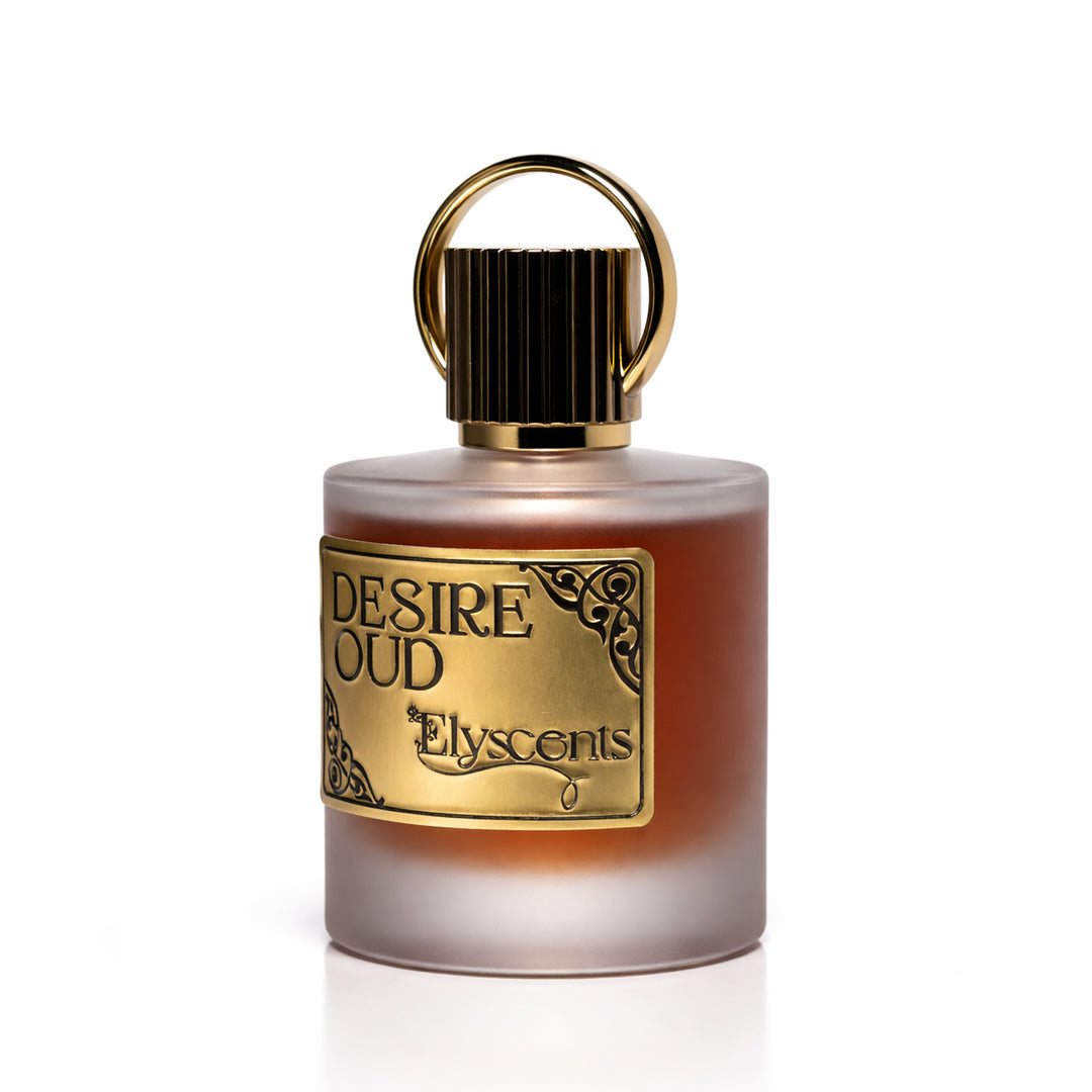 Desire Oud warm oud and woody perfume bottle by Elyscents UAE